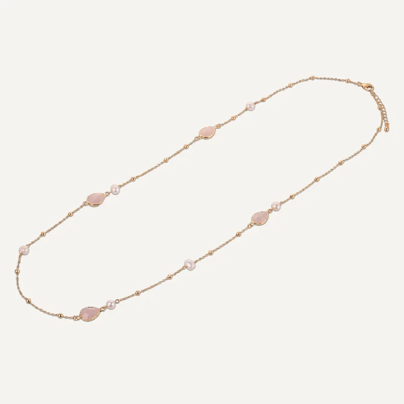 heart pendant necklaces for women-Long Rose Quartz & Pearl Crystal Stone Necklace In Gold-Tone