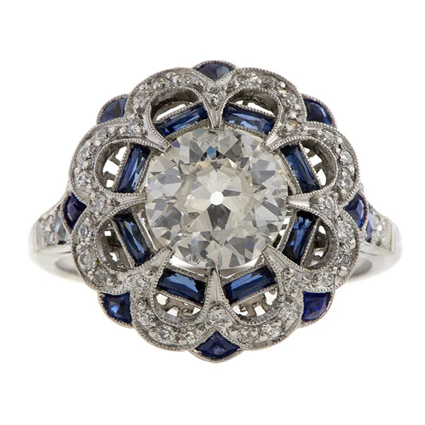 vintage gold rings for women-Vintage Engagement Ring with Sapphires, Old Euro 1.40ct.