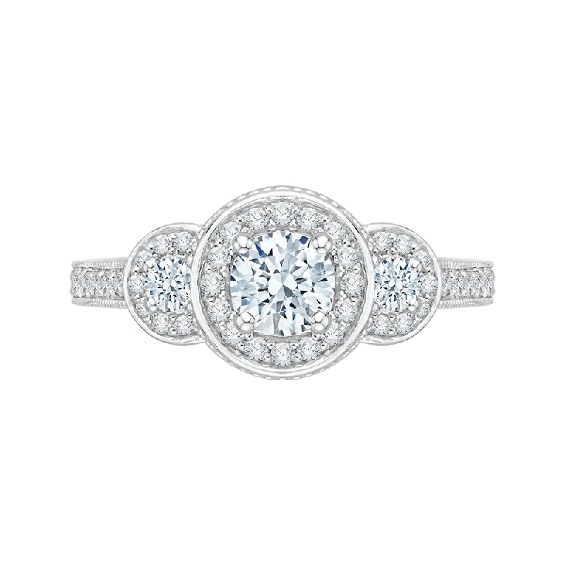 platinum diamond engagement rings-Round Cut Diamond Three Stone Halo Engagement Ring In 14K White Gold