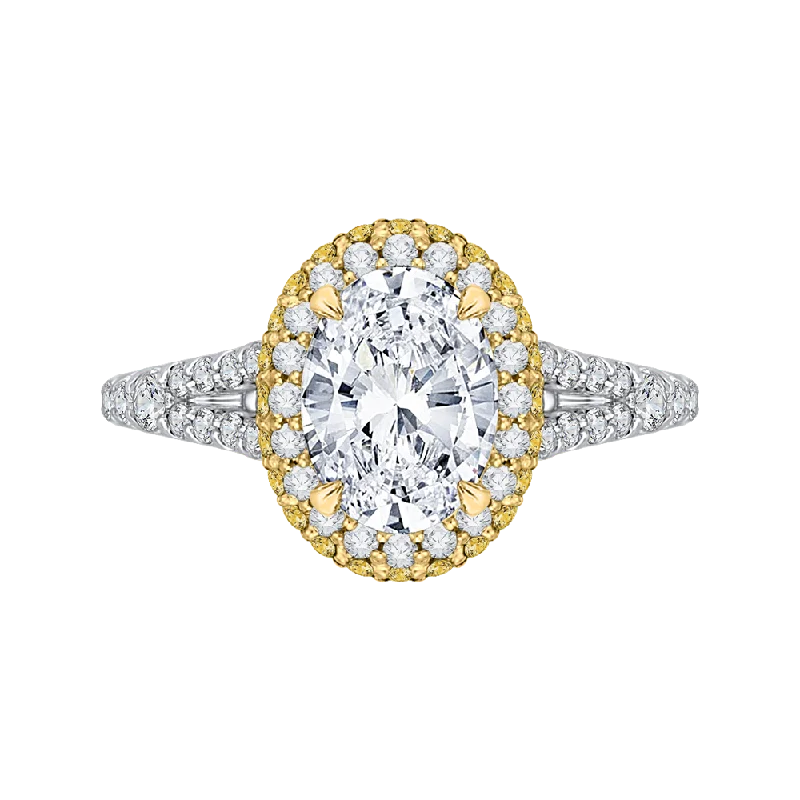 custom-made engagement rings-14K Two Tone Gold Oval Diamond Halo Engagement Ring with Split Shank (Semi Mount)