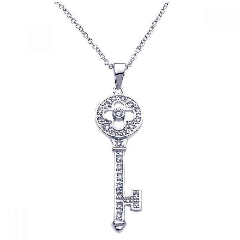 luxury silver necklaces for women-Silver 925 Rhodium Plated Key CZ Inlay Necklace - BGP00246