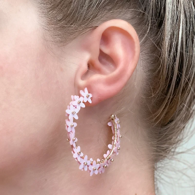 Sequin Flower Lined Hoop Earrings - Lavender