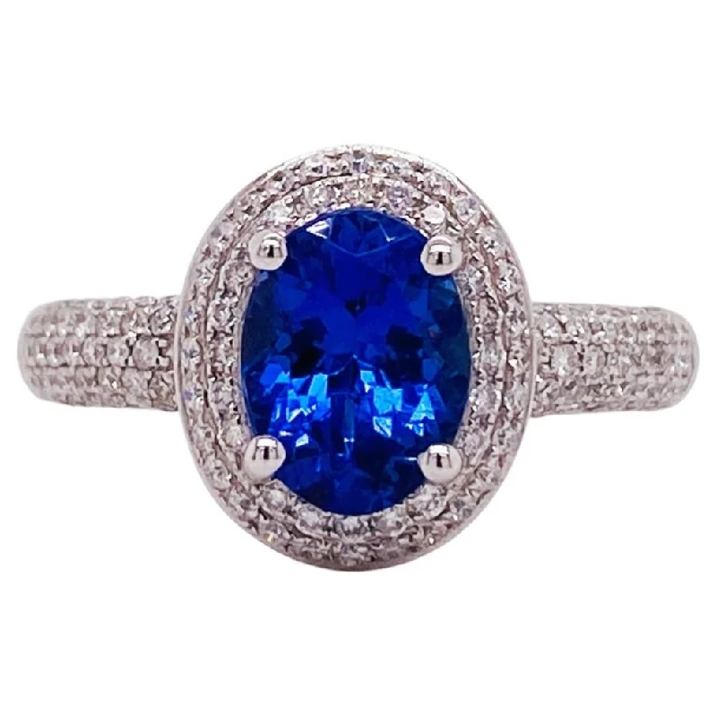 heart-shaped engagement rings-Tanzanite Double Diamond Halo Ring