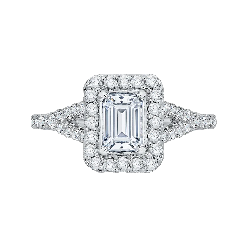 ruby engagement rings-14K White Gold Emerald Cut Diamond Halo Engagement Ring with Split Shank (Semi Mount)