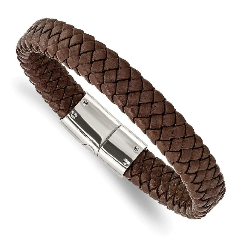 bangle bracelets for women-bangle bracelets for women-Stainless Steel Polished Braided Brown Leather Bracelet