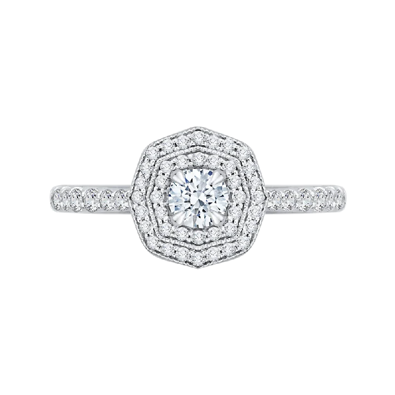 bridal set engagement rings-14K White Gold Round Cut Diamond Octagon Shape Double Halo Engagement Ring