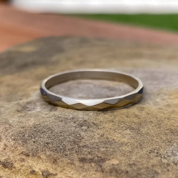 unique wedding bands for women-Vintage Faceted White Gold Band, Size 11