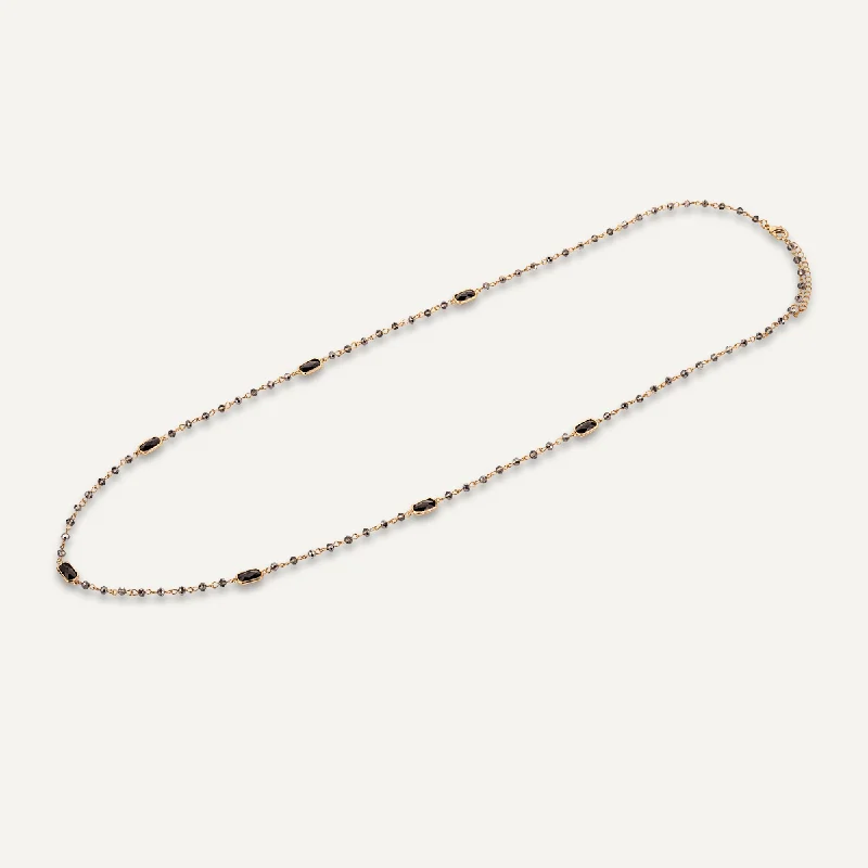 pearl necklaces for women-Long Black Crystal Stone Necklace In Gold-Tone