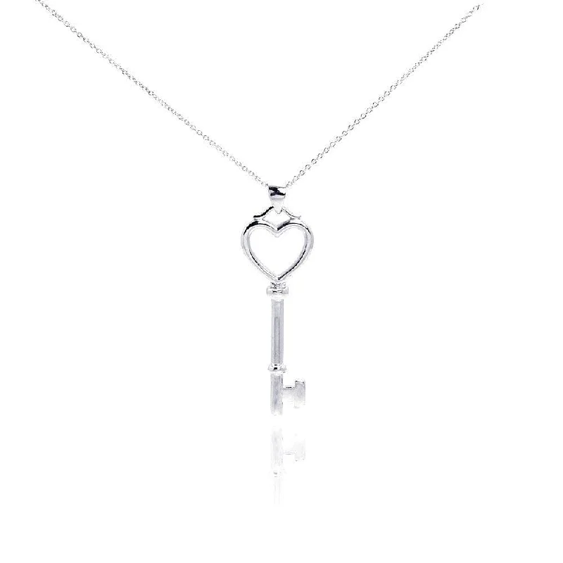 elegant pearl necklaces for women-Silver 925 Rhodium Plated Clear CZ Heart Key Pendant Necklace - STP00979