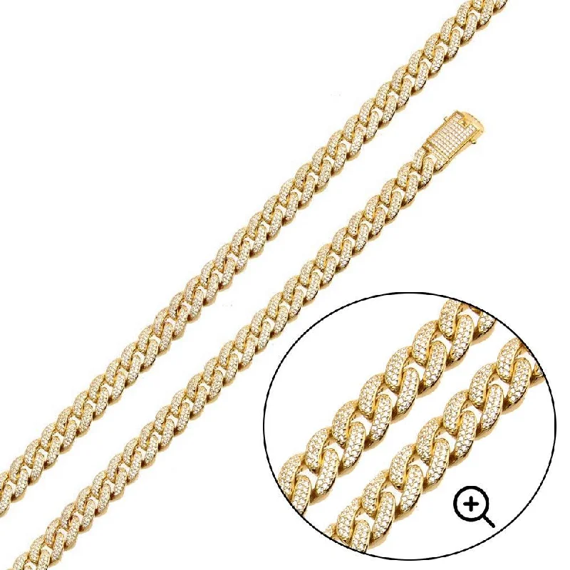 celestial necklaces for women-Gold Plated 925 Sterling Silver 9.5mm Miami Curb CZ Chain and Bracelet - GMN00176GP | GMB00089GP