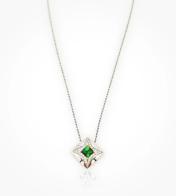 bohemian necklaces for women-ND-003658  18KW mirror cut green tourmaline =1.36cts and 32diamonds=0.16cts necklace