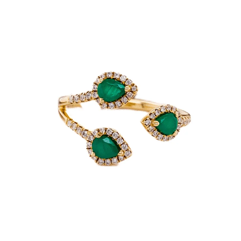 halo rings for women-Three Emerald Pear Diamond Halo Ring