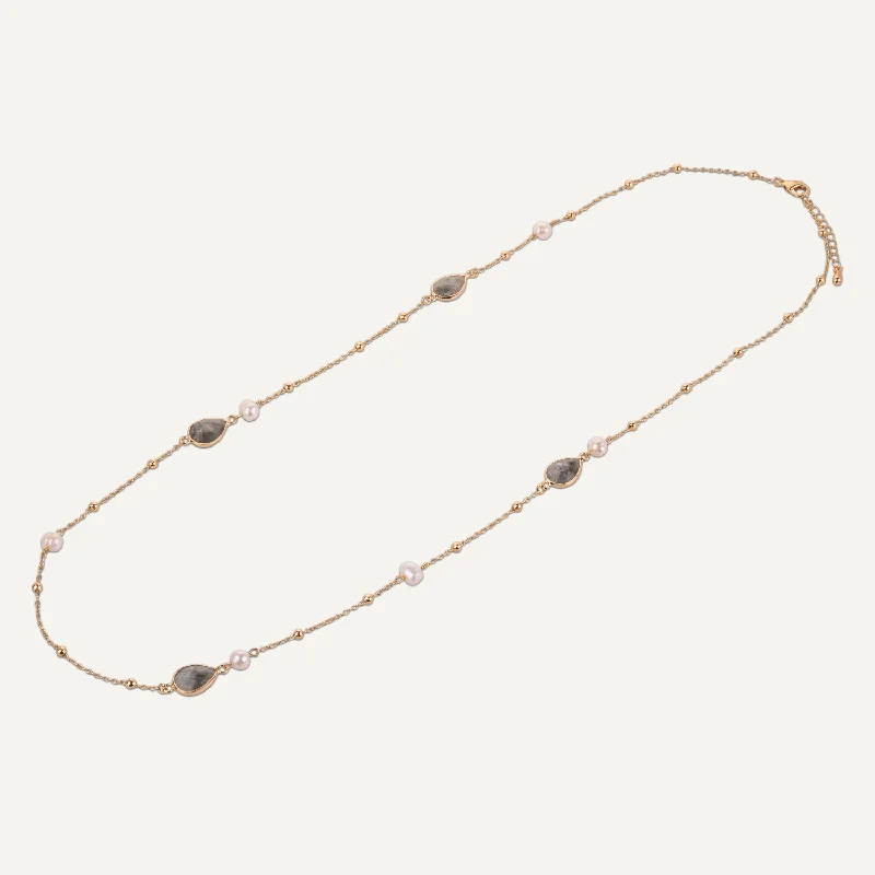 vintage necklaces for women-Long Labradorite & Pearl Crystal Stone Necklace In Gold-Tone