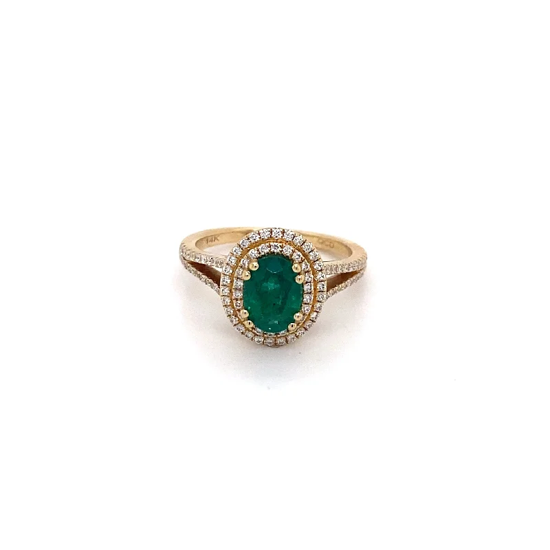 fashion rings for women-14k Yellow Gold Emerald and Double Diamond Halo Ring