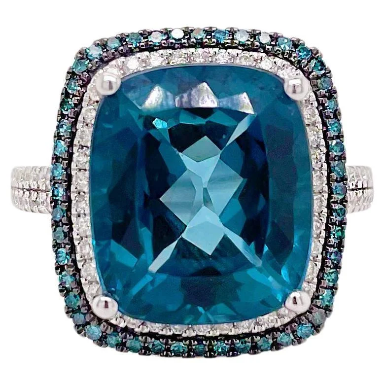 blue sapphire rings for women-London Blue Topaz Blue & White Diamond Halo Ring