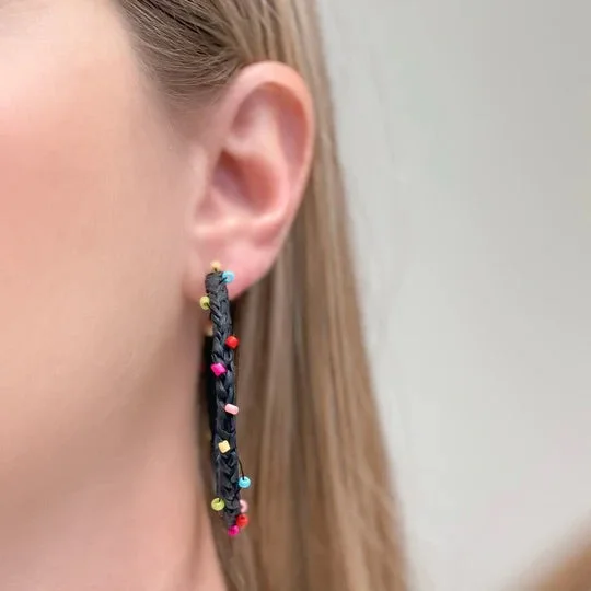 Rainbow Beaded Hoop Earrings - Black