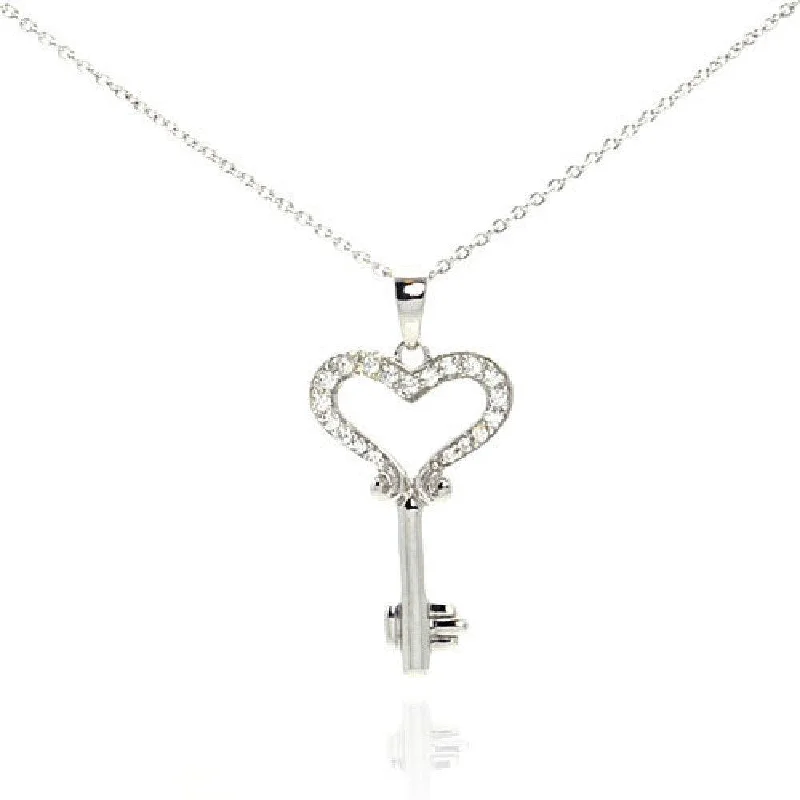 fashion necklaces for women-Silver 925 Black Rhodium Plated Clear CZ Key Heart Pendant Necklace - STP00997