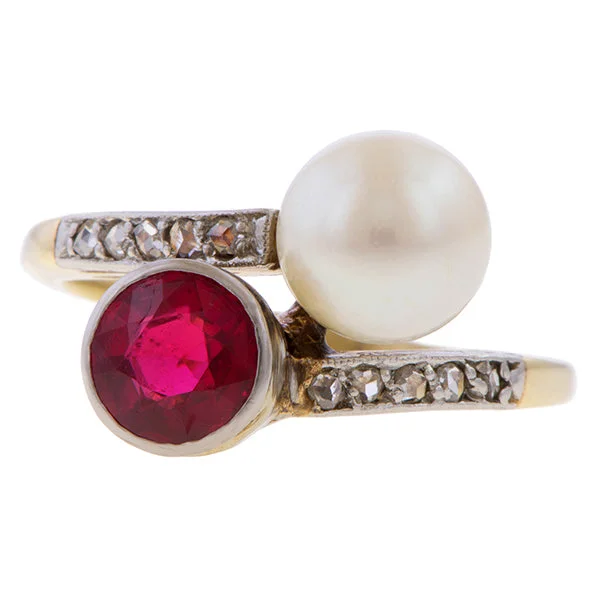 anniversary bands for women-Antique Sythetic Ruby & Pearl Toi et Moi Ring