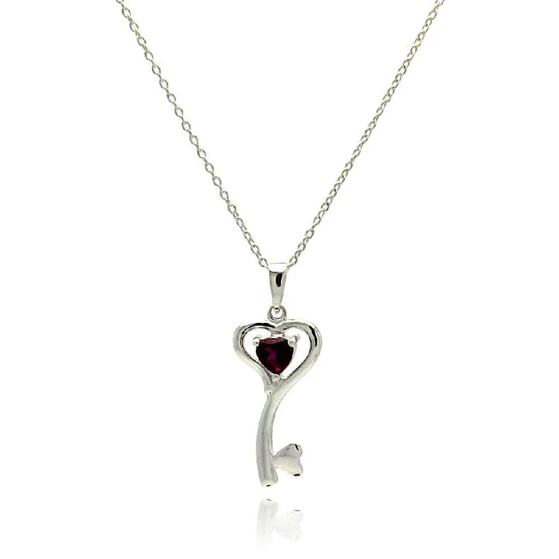 personalized heart necklaces for women-Silver 925 Rhodium Plated Clear CZ Heart Key Pendant Necklace - STP01327