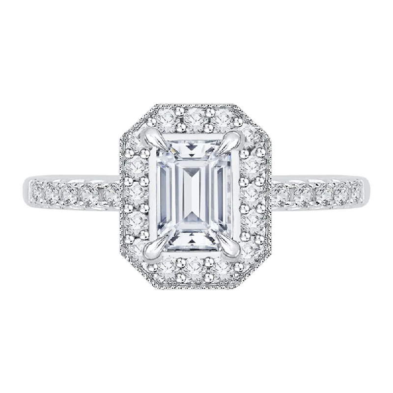 blue diamond engagement rings-Emerald Cut Diamond Halo Engagement Ring In 14K White Gold (Semi Mount)