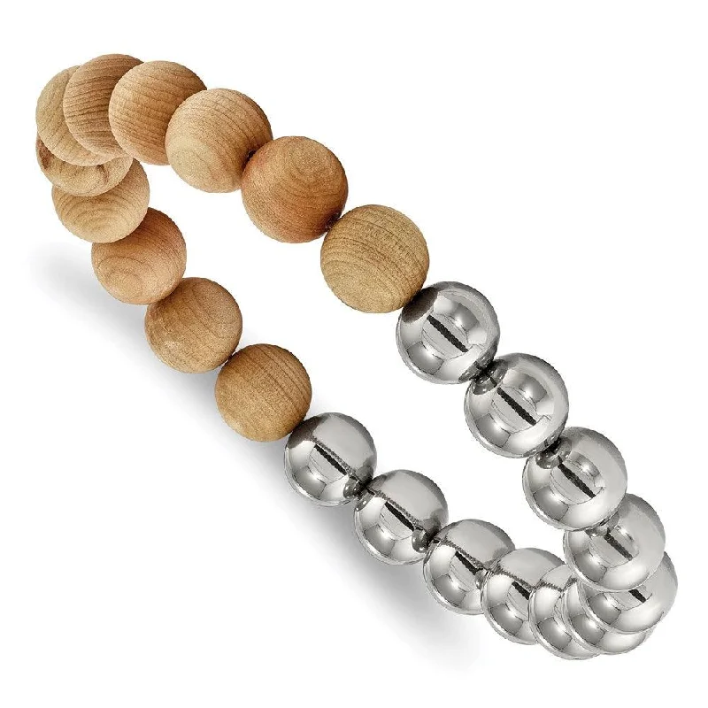 designer bracelets for women-designer bracelets for women-Stainless Steel Polished with Cypress Wood Beads Stretch Bracelet