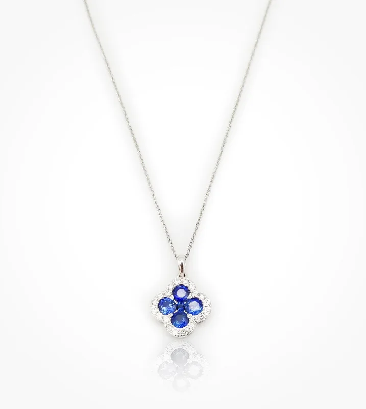 personalized necklaces for women-PD07681 14KW quatrefoil Sapphire and Diamond pendant and chain.