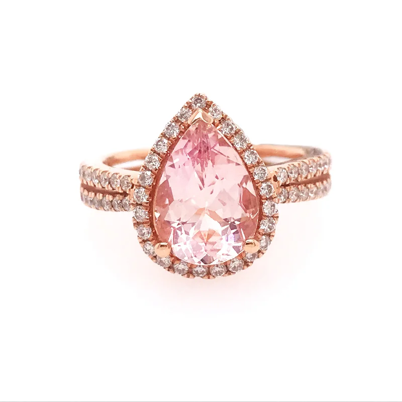 solitaire rings for women-Pear Shaped Morganite and Diamond Halo Ring