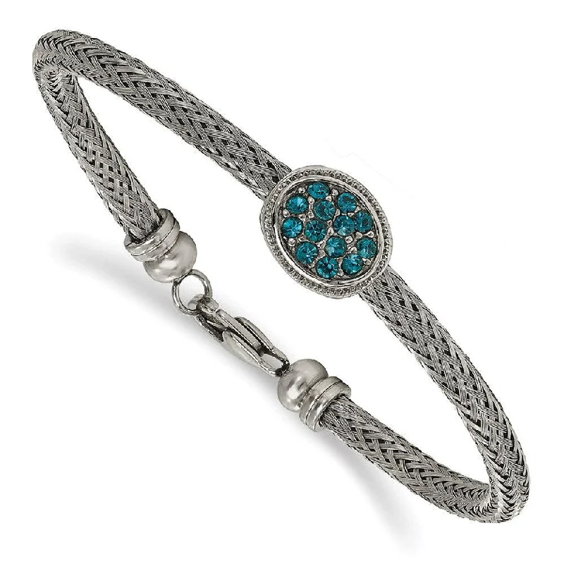 bridal bangles for women-bridal bangles for women-Stainless Steel Polished and Textured Blue Crystal 7.25in. Bracelet