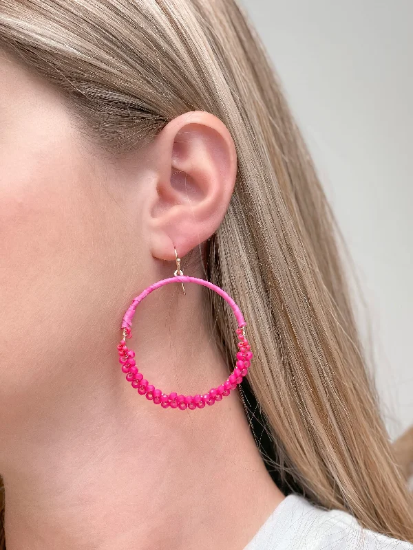 Skinny Open Beaded Dangle Earrings - Hot Pink