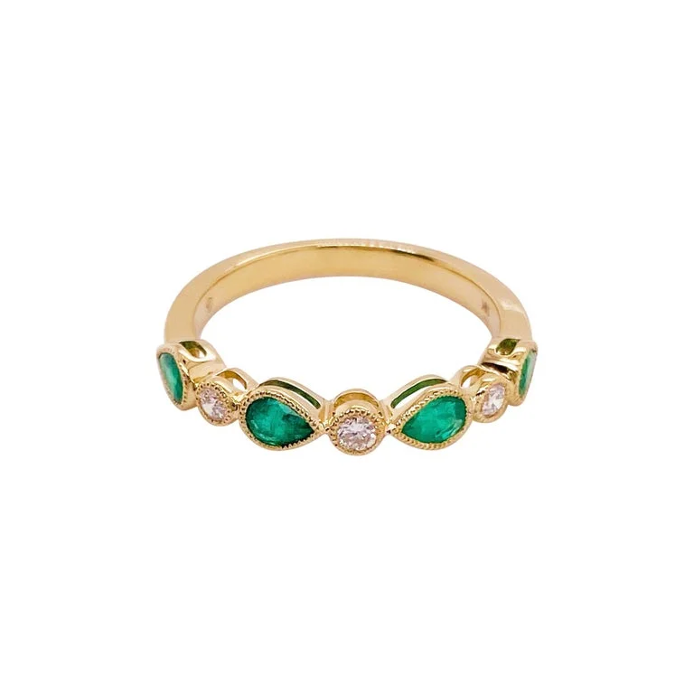 pear-shaped rings for women-Emerald and Diamond Band Ring