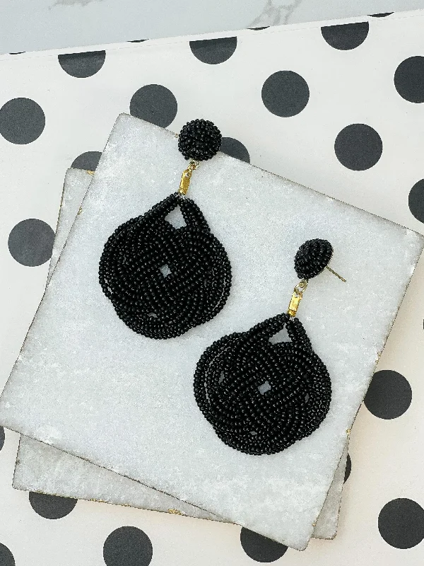 Braided Teardrop Beaded Dangle Earrings - Black