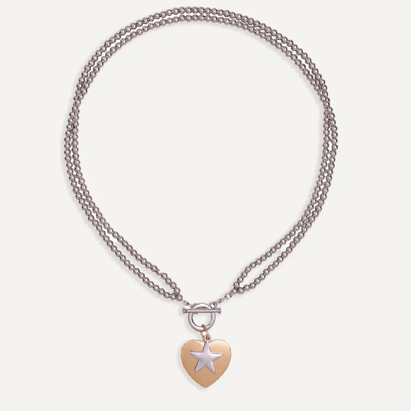 silver plated necklaces for women-Emily Heart and Star Necklace In Silver & Gold-Tone