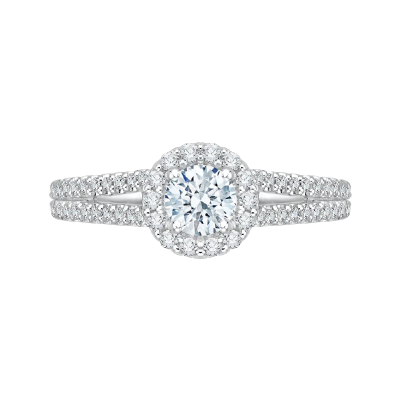 radiant-cut engagement rings-Round Diamond Halo Engagement Ring with Split Shank In 14K White Gold