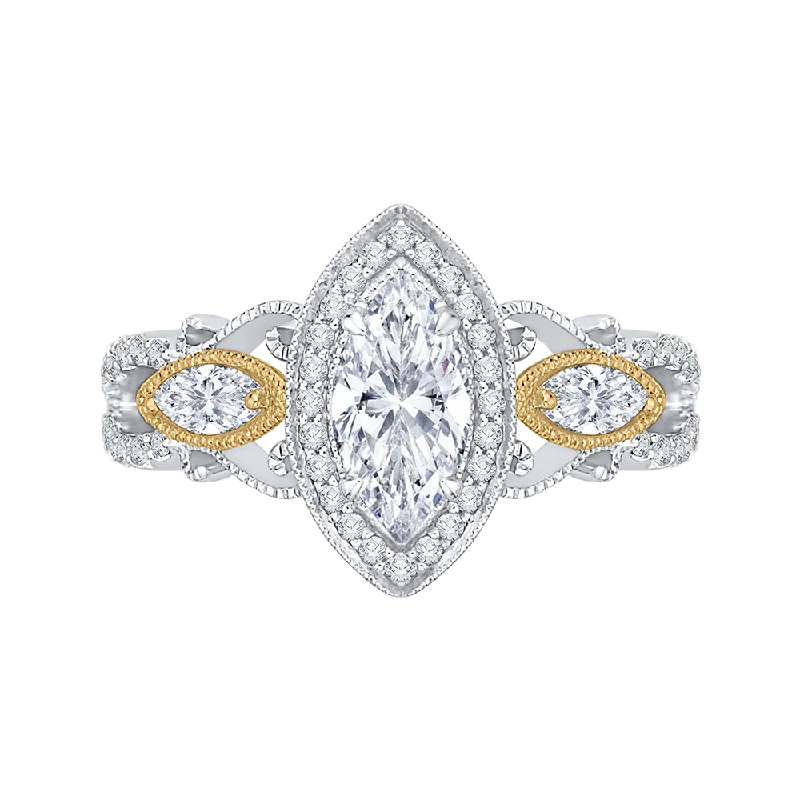 vintage diamond engagement rings-14K Two Tone Gold Marquise Diamond Halo Engagement Ring (Semi Mount)