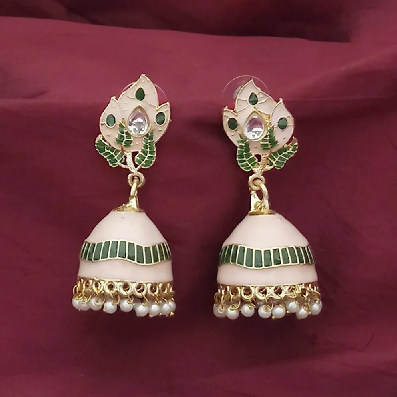 Kriaa Gold Plated Peach Meenakari And Kundan Jhumki Earrings - 1316366F