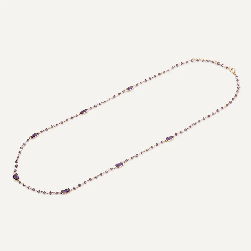 trendy layered necklaces for women-Long Amethyst Crystal Stone Necklace In Gold-Tone