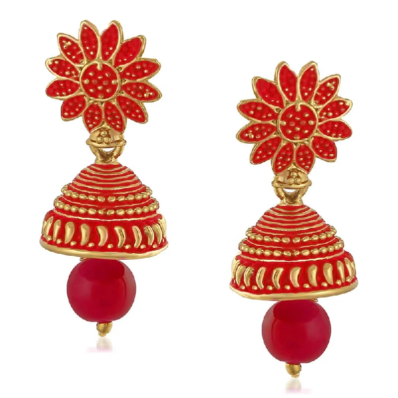 Mahi Meenakari Work Red Artificial Bead Floral Jhumka Drop Earrings for Women (ER1109695G)