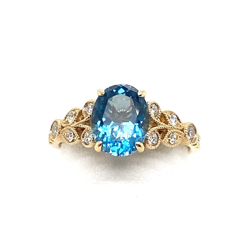 pink sapphire rings for women-2.07ct Blue Zircon with Diamonds Nature-Inspired Ring in 14K Yellow Gold