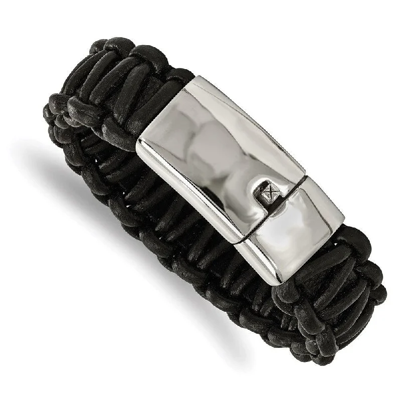 stackable bracelets for women-stackable bracelets for women-Stainless Steel Polished Rounded Braided Black Leather Bracelet