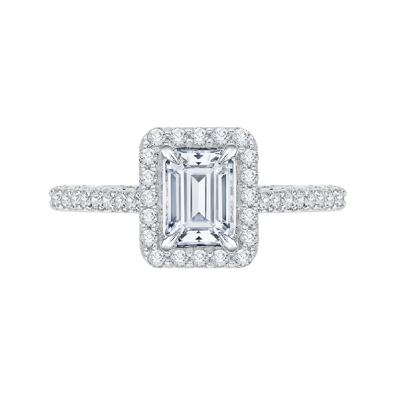 unique vintage engagement rings-Emerald Cut Diamond Halo Engagement Ring In 14K White Gold (Semi Mount)