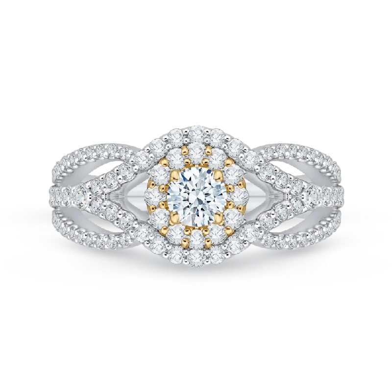 luxurious diamond engagement rings-14K Two Tone Gold Round Diamond Halo Engagement Ring