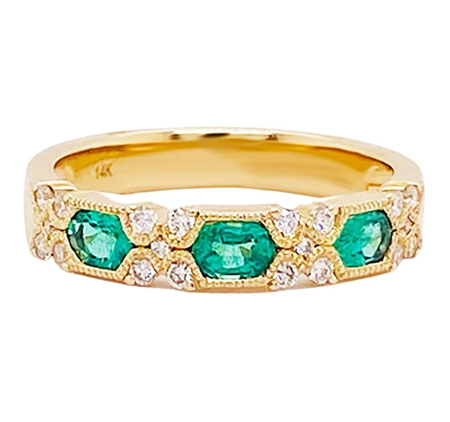 wide bands rings for women-Emerald and Diamond Stackable Band