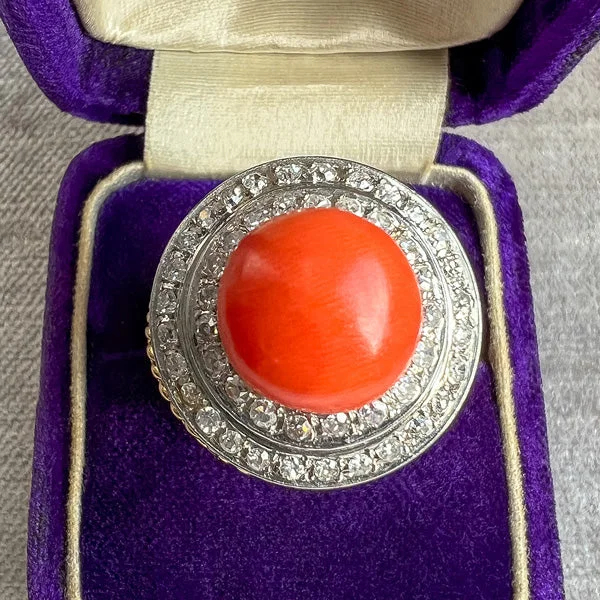 opal rings for women-Vintage Coral & Diamond Ring