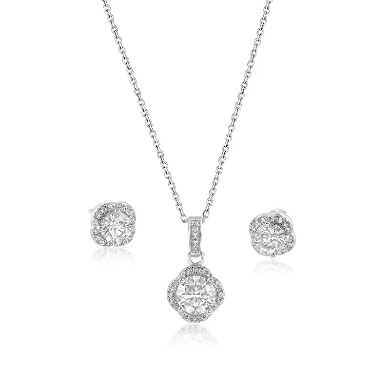 romantic necklaces for women-Rhodium Plated 925 Sterling Silver Round Moissanite 0.5 Carat Earring and 1 Carat Necklace Sets - MBGS00002