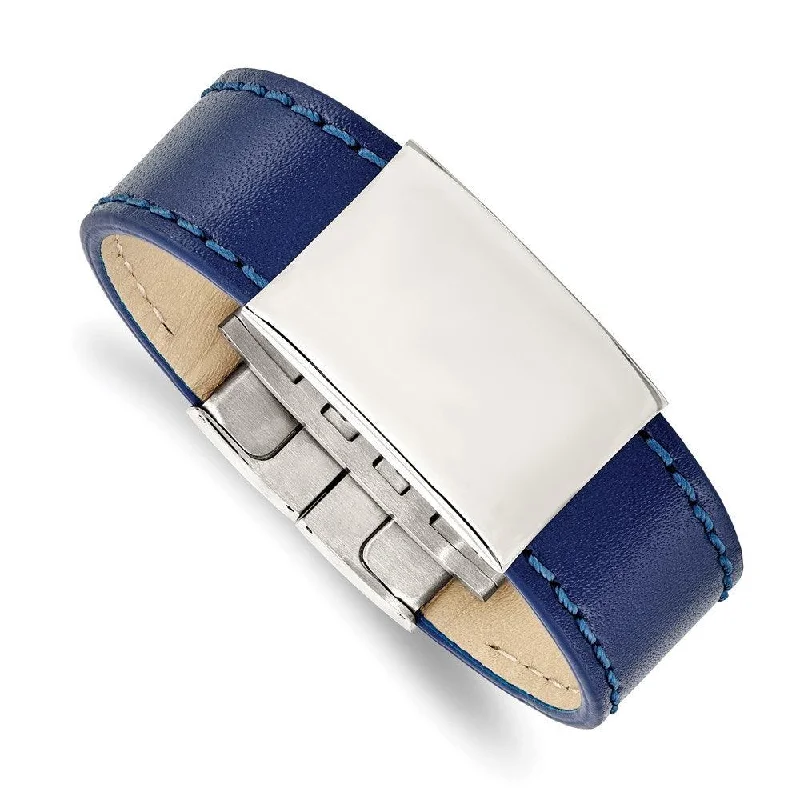 silver bracelets for women-silver bracelets for women-Stainless Steel Polished Blue Leather 8.25in ID Bracelet