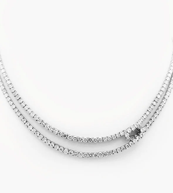 sterling silver necklaces for women-ND-003904-18KW-double-line-knot-necklace-244diamonds=15.68cts-g-vs. Call-for-pricing