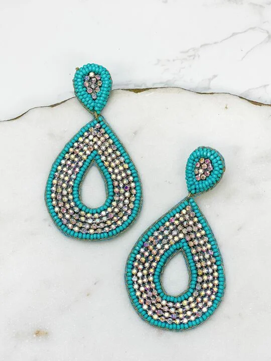 Glitzy Seed Bead Teardrop Dangle Earrings - Turquoise