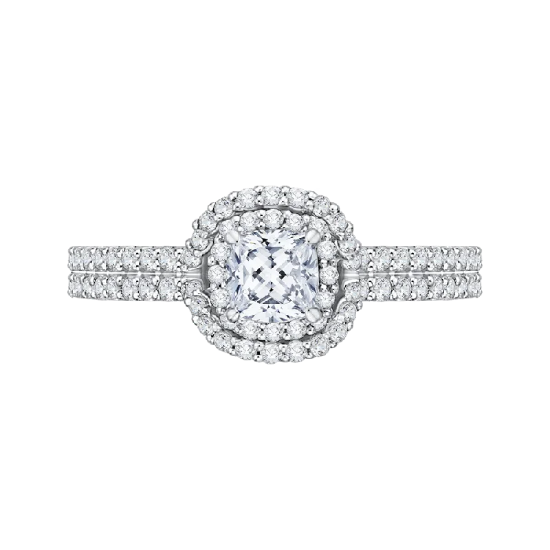 antique-style engagement rings-14K White Gold Cushion Cut Diamond Double Halo Cathedral Style Engagement Ring