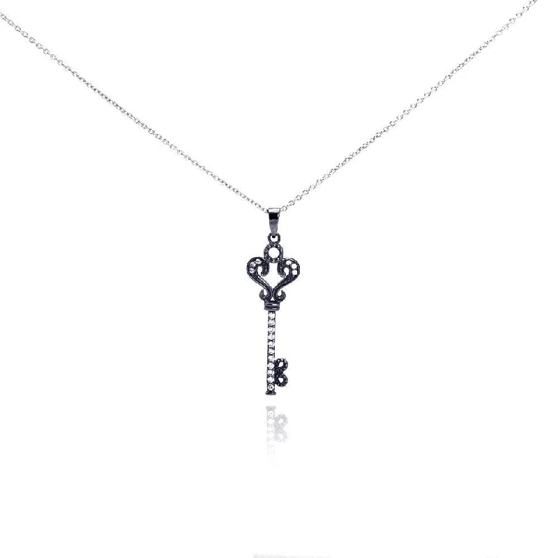 gemstone necklaces for women-Silver 925 Black Rhodium Plated Clear CZ Key Pendant Necklace - STP00993