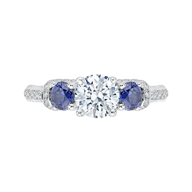 engagement rings with diamonds-14K White Gold Euro Shank Round Diamond and Sapphire Three Stone Engagement Ring (Semi Mount)